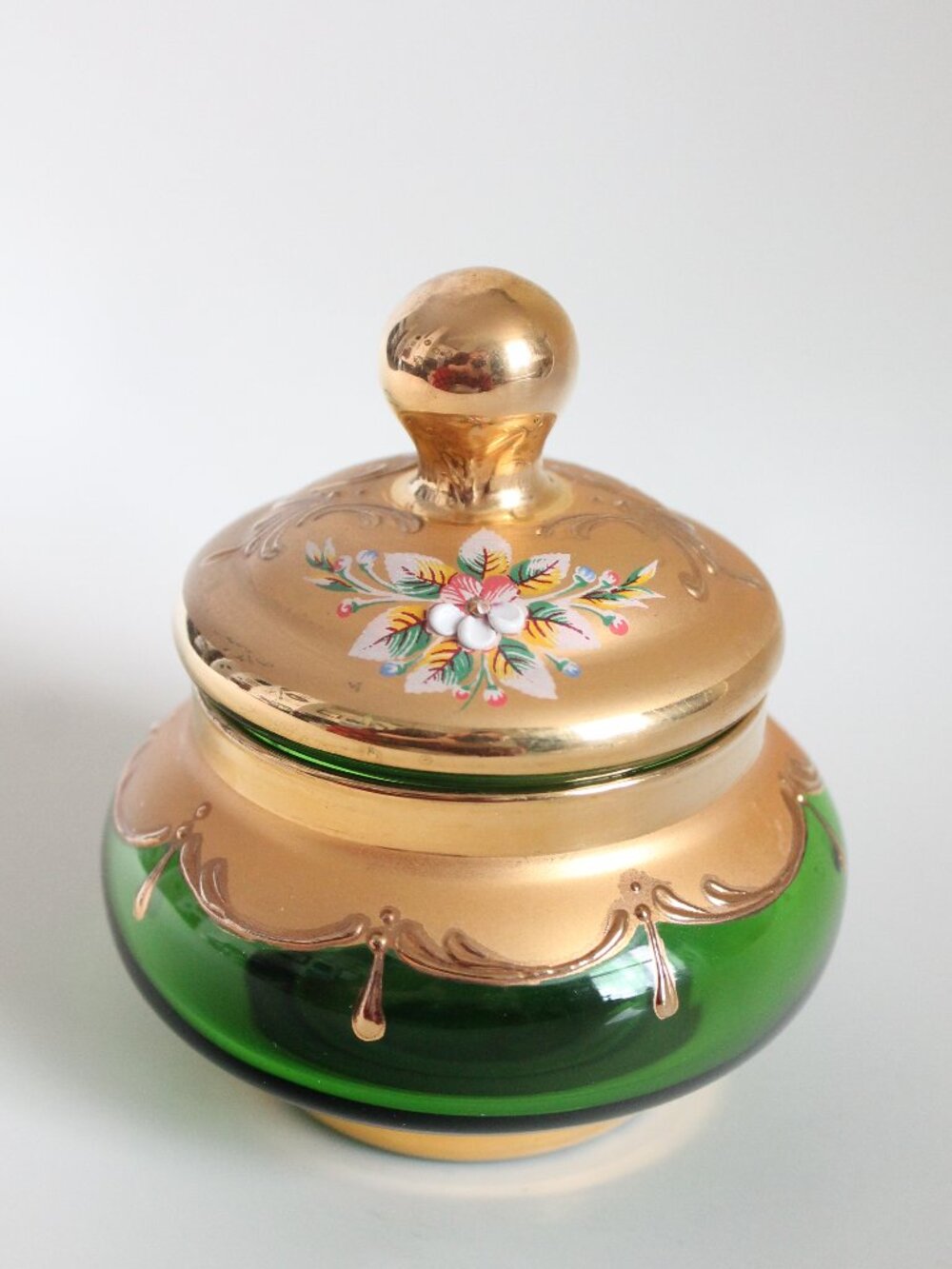 Vintage Bohemian Green Glass High-Enamel Lidded Candy Dish
